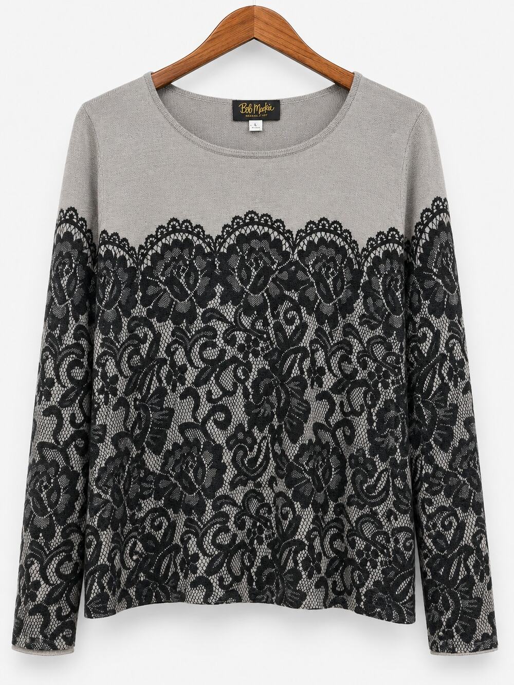 Bob Mackie Wearable Art Women’s Large Gray Black Floral Lace Print Sweater
